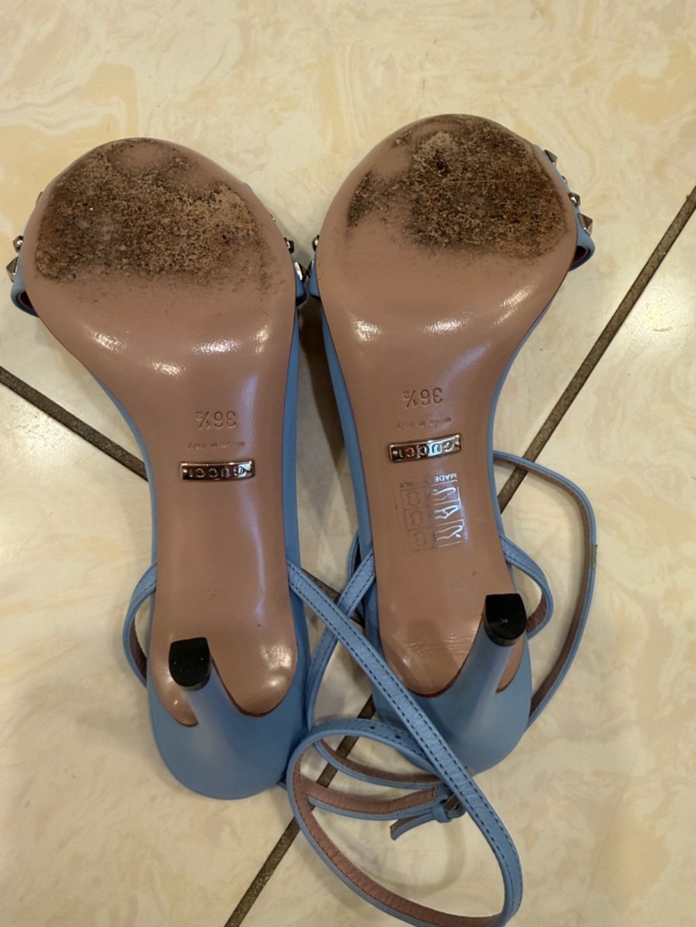 Gucci Powder Blue Studded Leather Slingback Heels - Picture 3 of 3